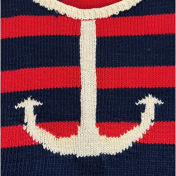 Hand-knit nautical striped anchor fishermen tank sweater navy blue red cropped - Picture 3 of 4